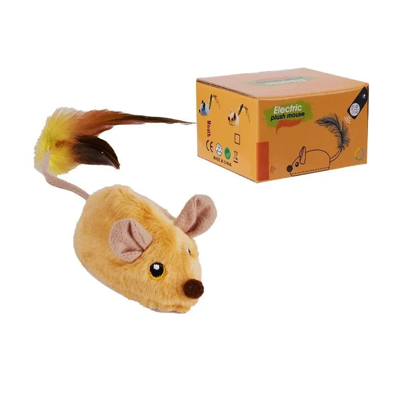 Plush mouse cat toy with remote control on grey carpet, showing rhubarb and yellow colour options