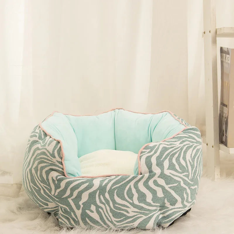 Octagonal pet bed with removable mats in blue colour with soft wool point design