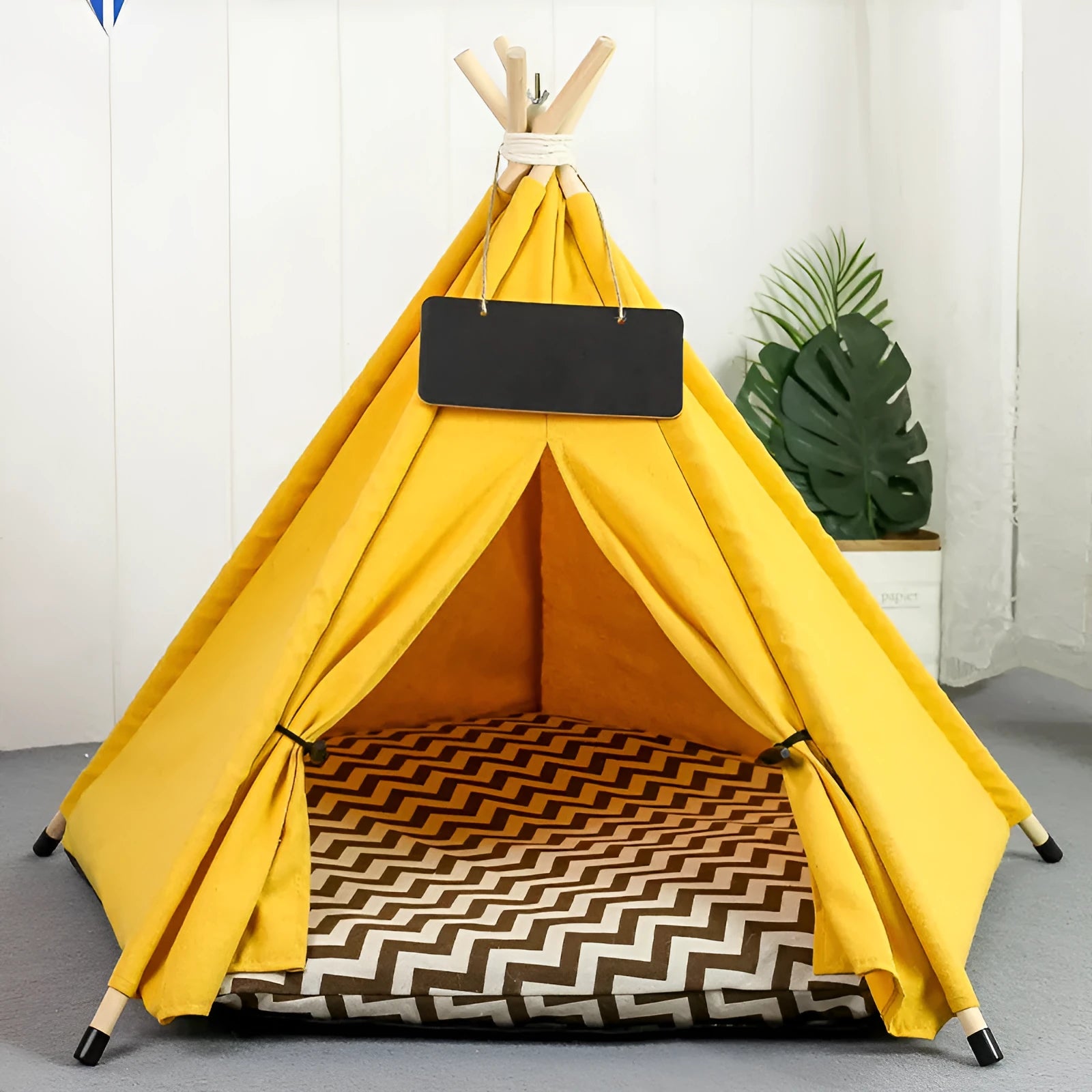 White and yellow striped pet teepee tent with cushion for small dogs or cats