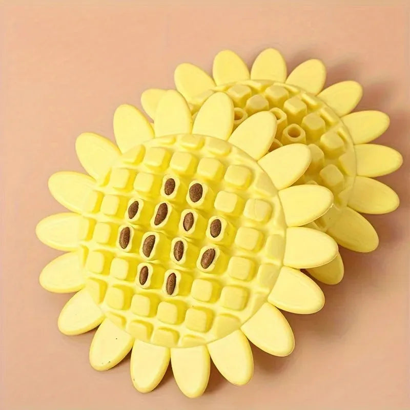 Yellow rubber sunflower dog chew toy for small dogs and puppies, 7.5cm diameter