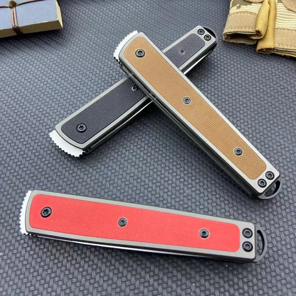 Folding fruit knife with stainless steel blade in black, brown, or red colour options showing 17cm length