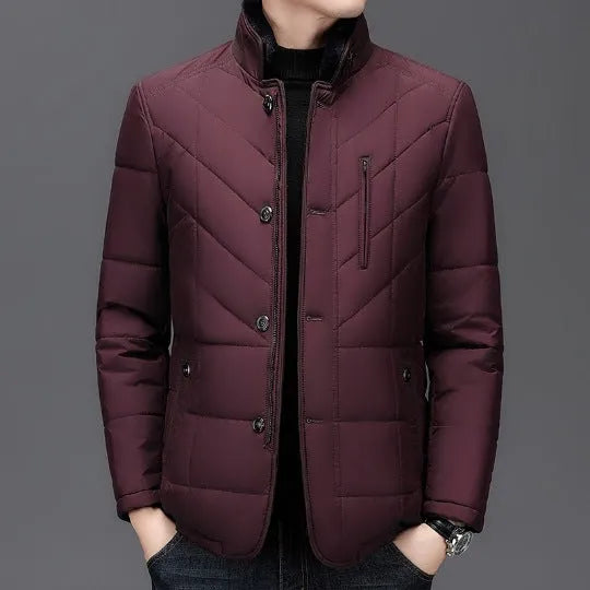 Men's solid colour winter short coat with side seam pockets in dark blue.