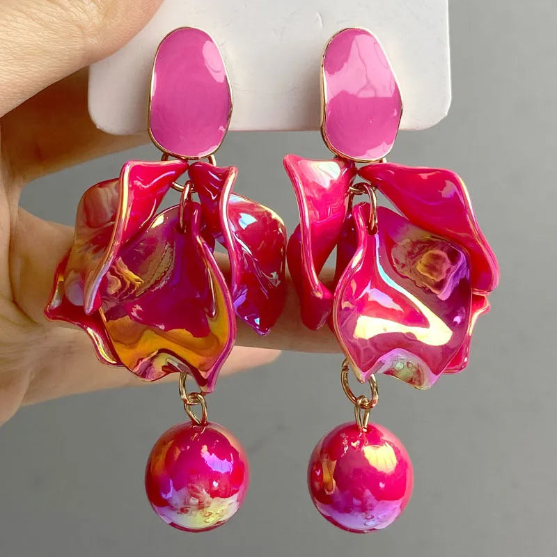 Long flower earrings in alloy with silver or gold plating, shown in purple, yellow, fairy white, rose red and nude pink