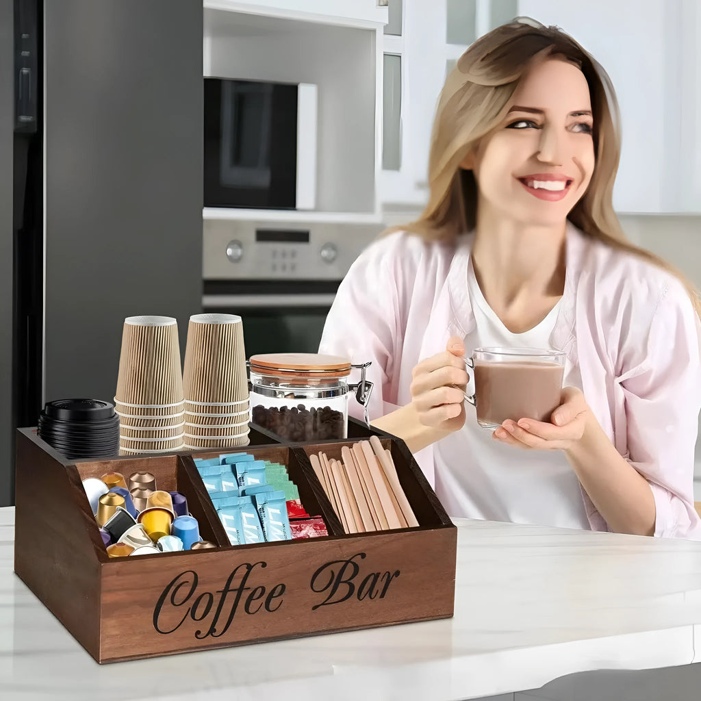 Wooden grid coffee pod storage box desktop organizer lidless compartments 30x19.5x12cm black colour