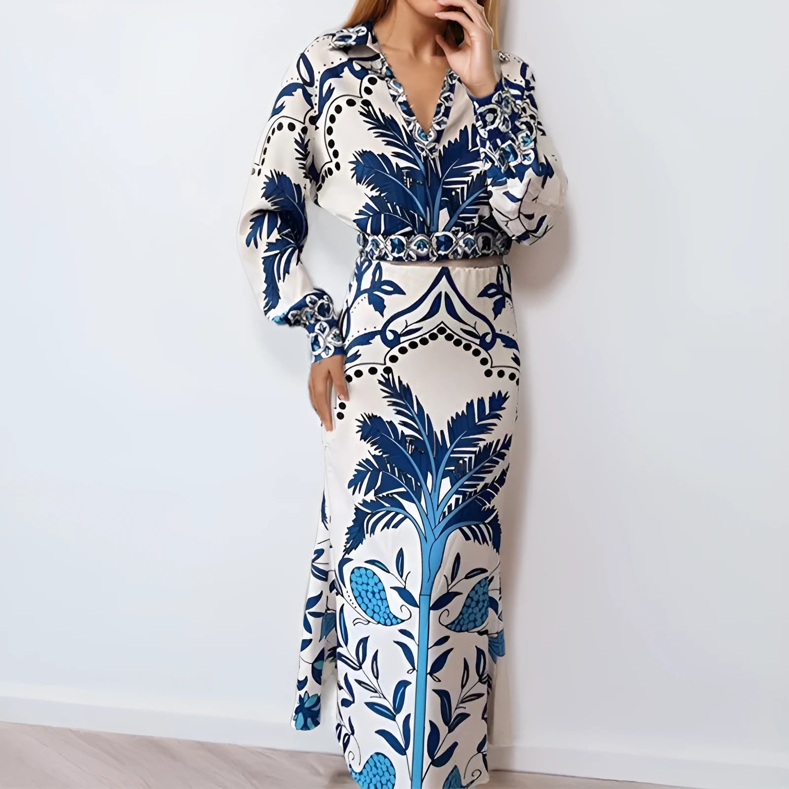 Floral print long sleeve top and long skirt casual co-ord set in loose fit.