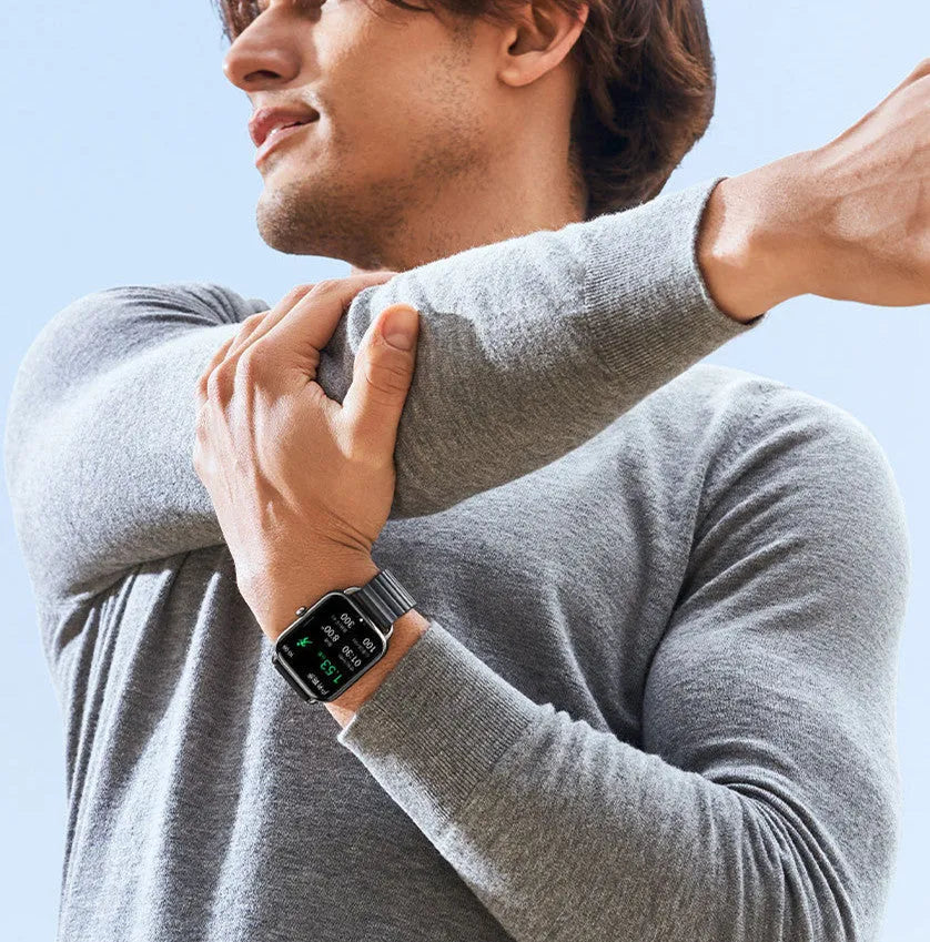 S4PLUS LS11 smart sports watch with AMOLED display shown in black, champagne, or silver on a wrist.