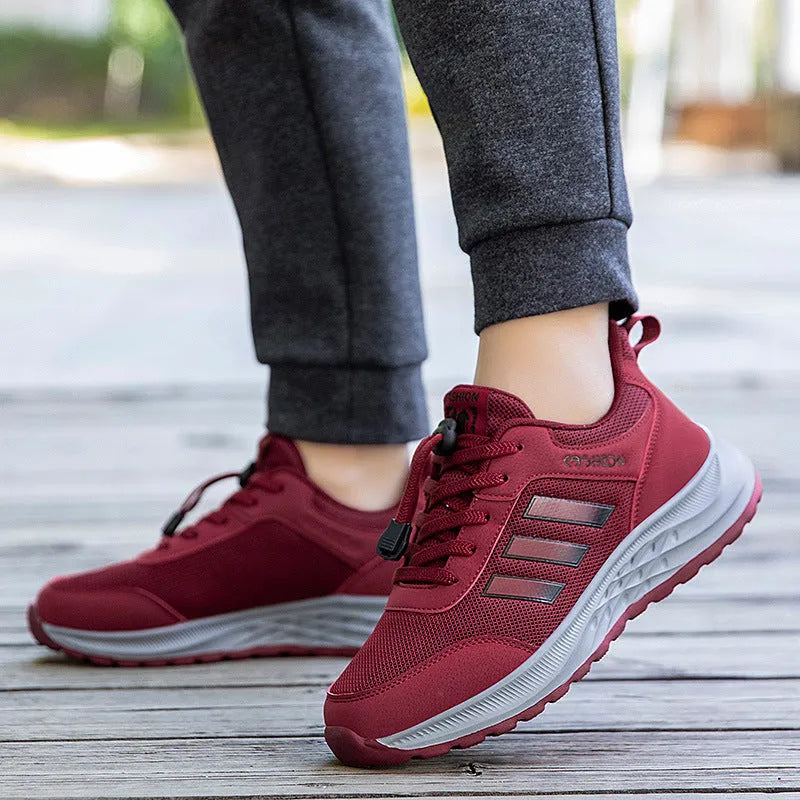Men's and women's slip-on mom shoes with elastic band and breathable mesh upper in various colours.