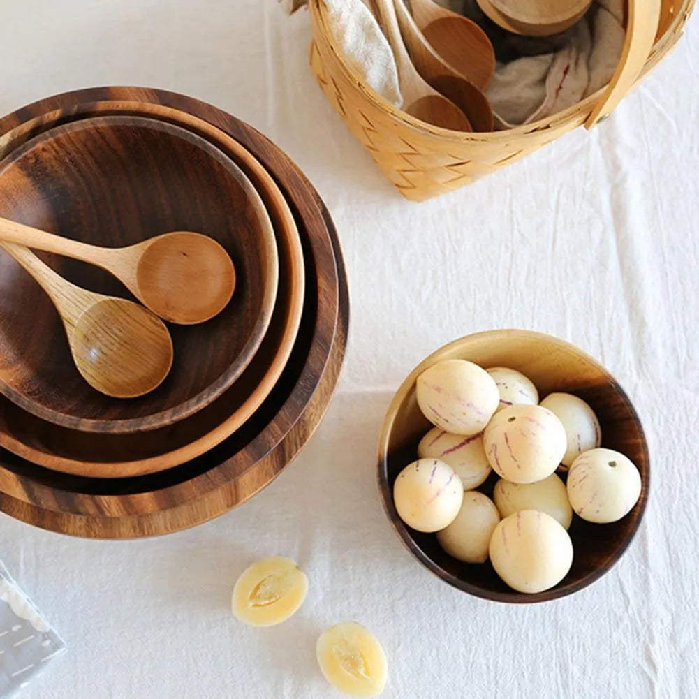 Brown wooden bowl handmade Japanese style with visible wood grain, available in multiple sizes from 8x6cm to 26x8cm.