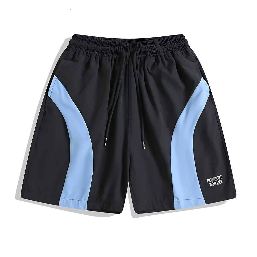 Quick-drying black and grey sports shorts with elastic waist and loose fit design