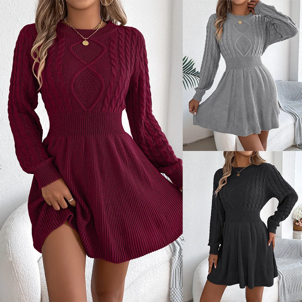 Artificial fur fabric sweater dress with lantern sleeves and elastic waist in wine red colour