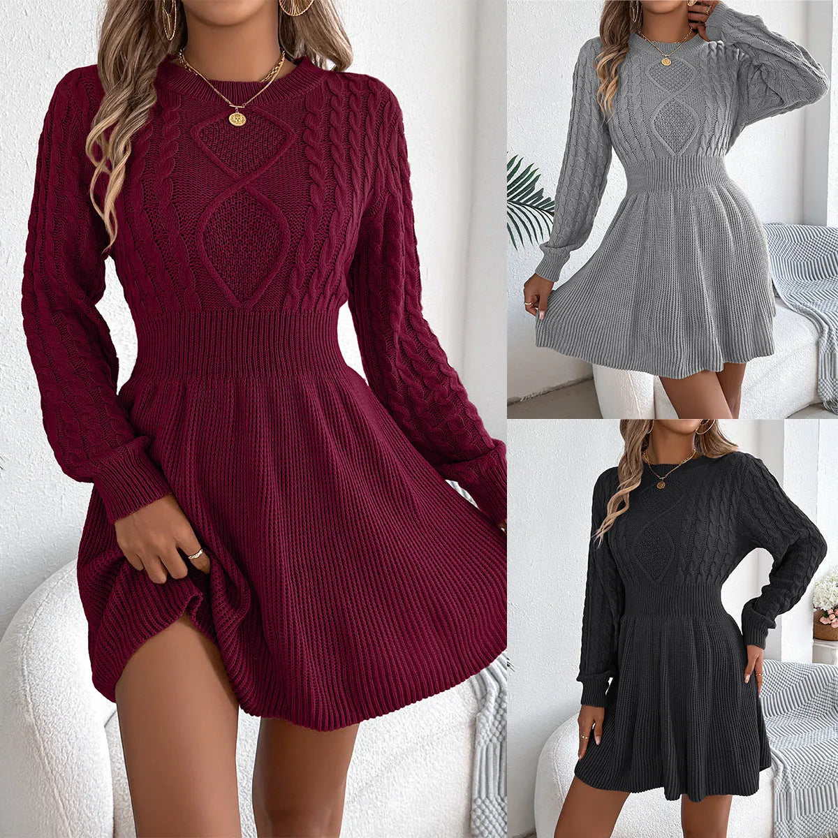 Artificial fur fabric sweater dress with lantern sleeves and elastic waist in wine red colour
