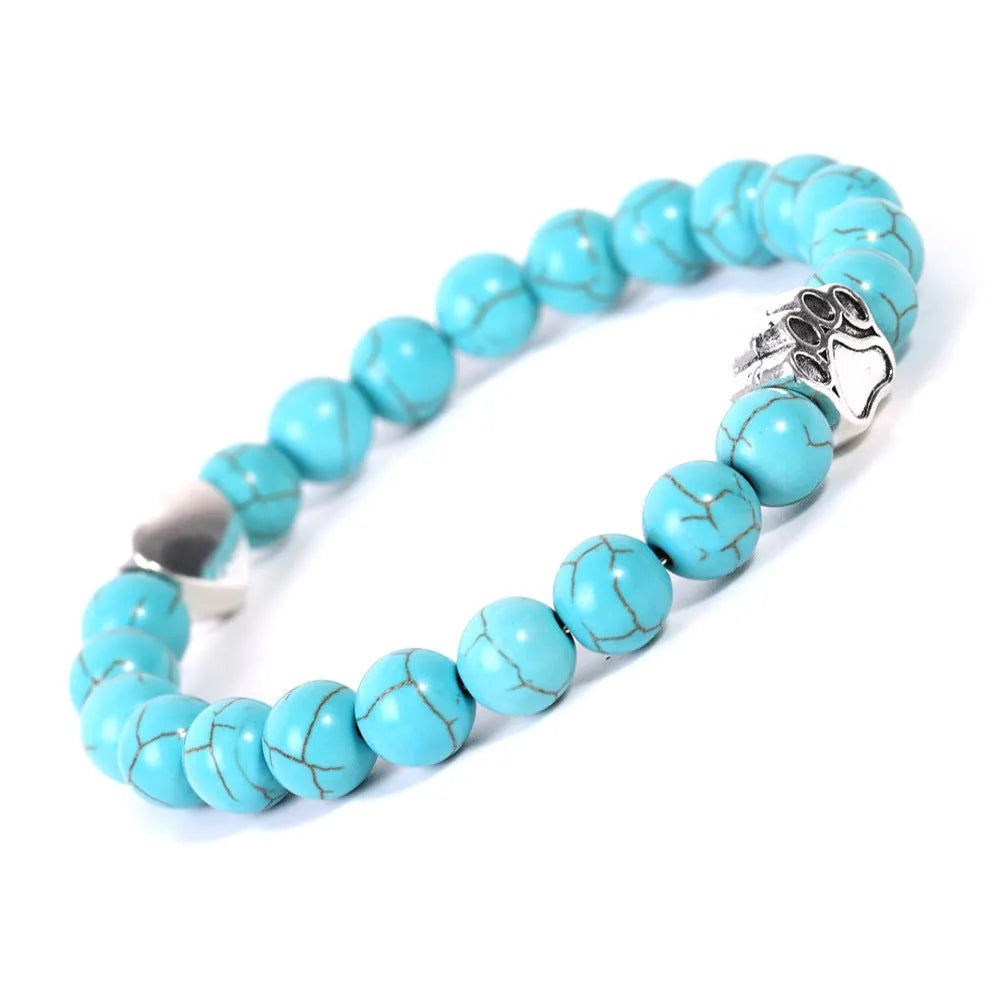 Tigereye Indian Agate stone bracelet shaped like a dog's paw with an engraved love heart.