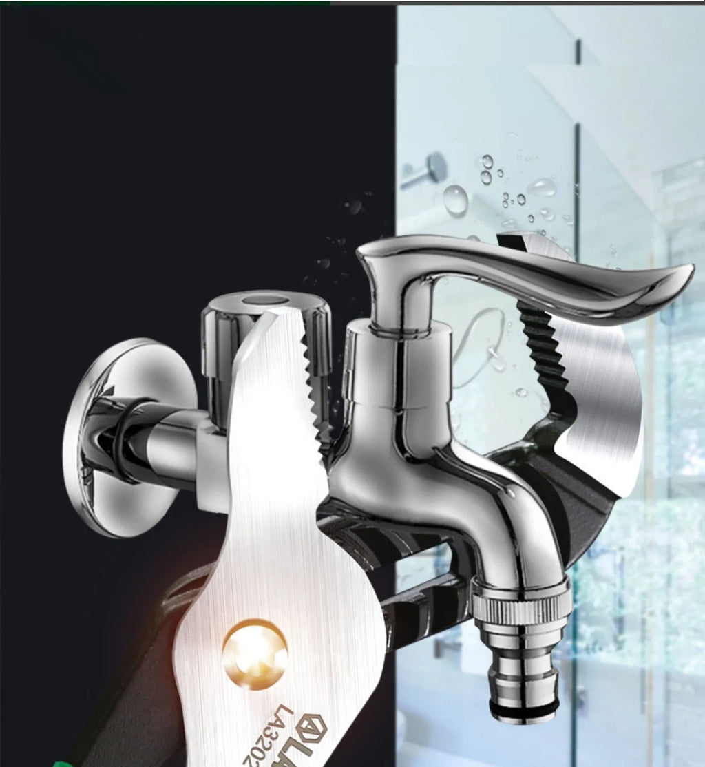 Multi-functional adjustable water pipe wrench in chrome vanadium steel on a workbench.