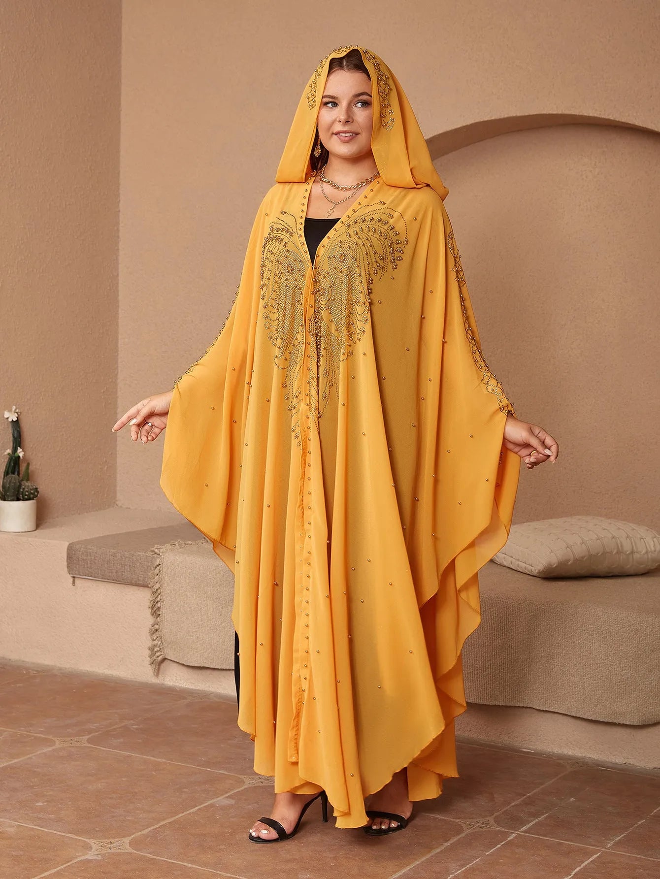 Long purple chiffon shawl with rhinestone beading, draped to show length and detail.