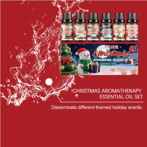 Set of six Christmas aromatherapy oil bottles, each containing 60ml of festive scented oil.