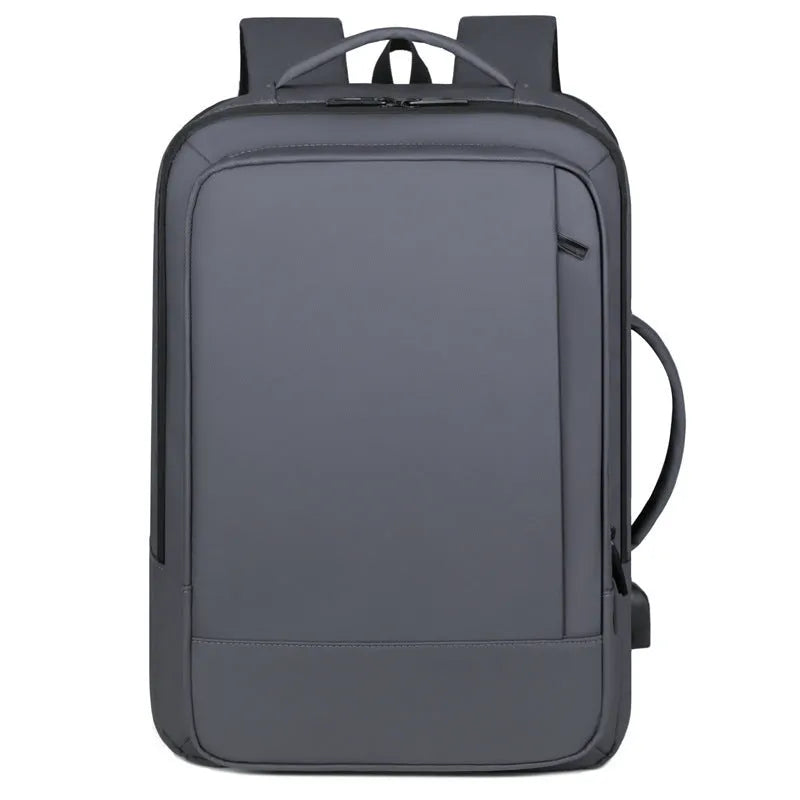 Black waterproof Oxford cloth backpack with curved shoulder strap showing 20-35L capacity for business travel