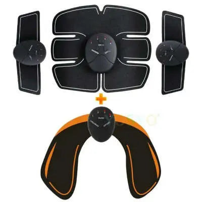Compact black EMS muscle stimulator unit with conductive gel pads for abdominal and buttock toning