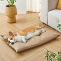 Blue and coffee coloured cool summer pet sleeping mat for cats and dogs shown in four different sizes.