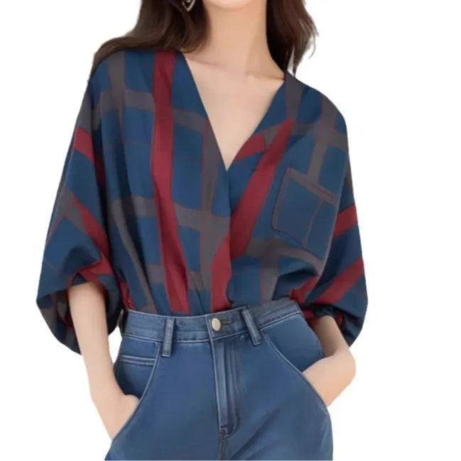 Women's loose polyester pullover top with painted finish and drop-shoulder sleeves in short length, front view