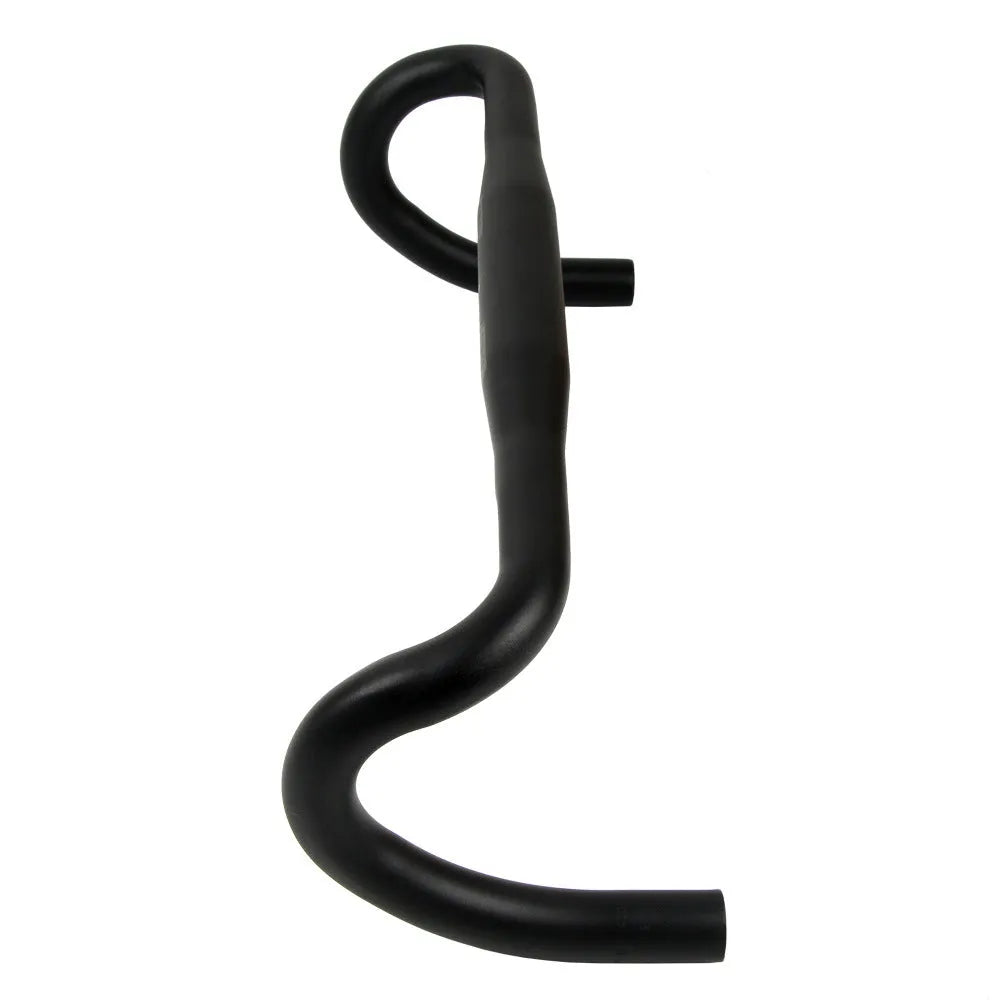 Black aluminium alloy road bike drop handlebar with UNO printing marks showing multiple width options