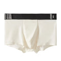 Man wearing solid colour ultra-thin nylon boxers with mulberry silk crotch panel.