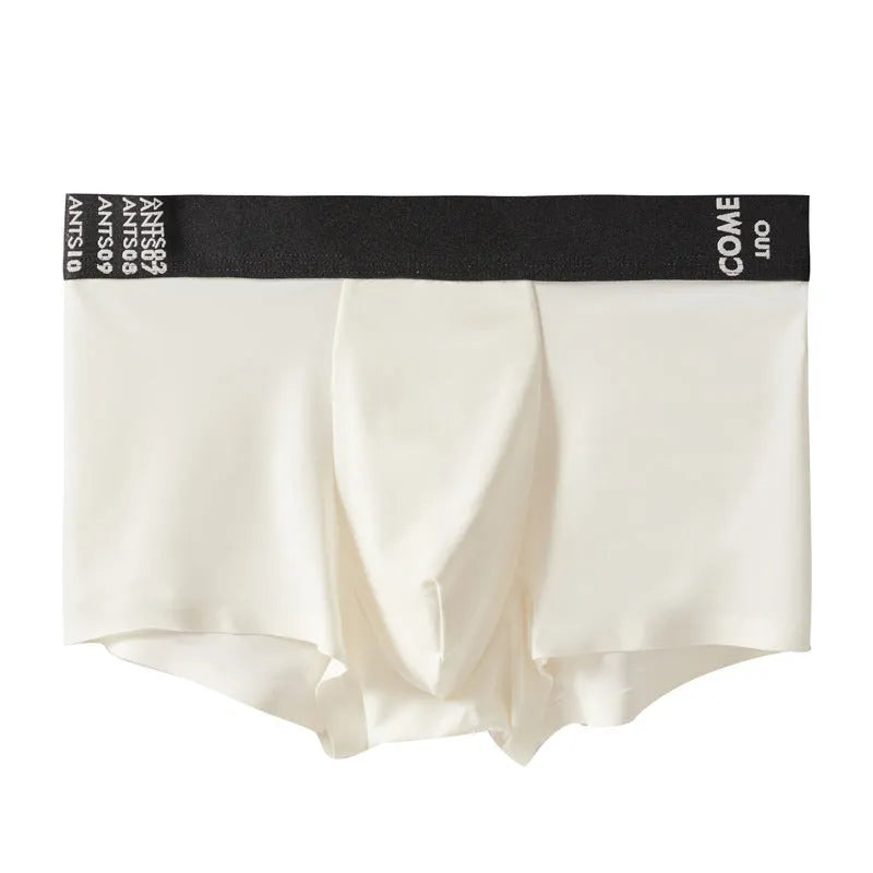Man wearing solid colour ultra-thin nylon boxers with mulberry silk crotch panel.
