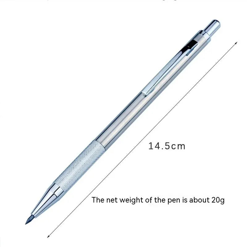 Metal automatic mechanical pencil showing lead size options from 0.3mm to 3.0mm for writing and drafting