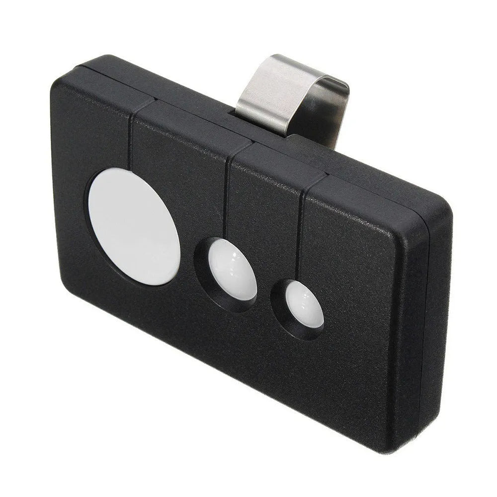 Black three-button garage door remote control compatible with Linear models, showing front button layout