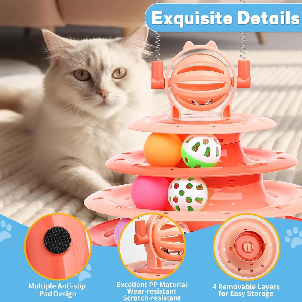 Blue 4-tier interactive cat toy carousel with balls and teasing rods
