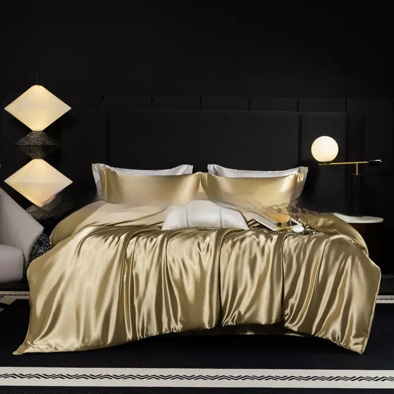 Silk bed sheet four-piece set in solid colour modern style displayed in multiple size configurations