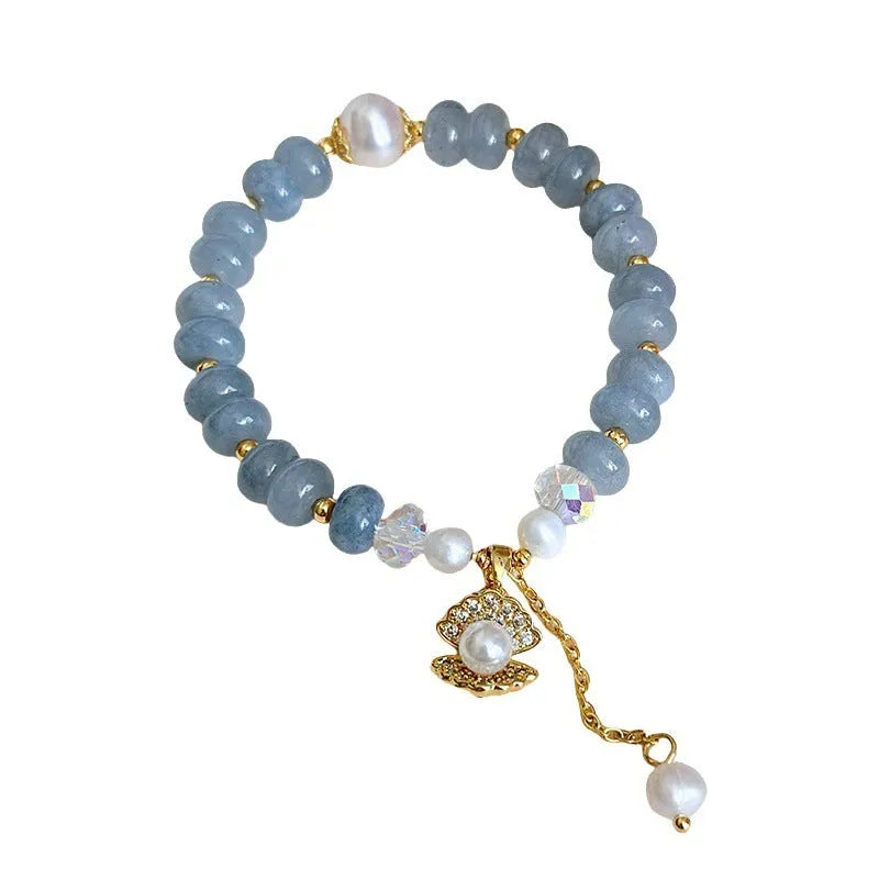 Manual craft natural aquamarine pearl and shell healing bracelet with adjustable design