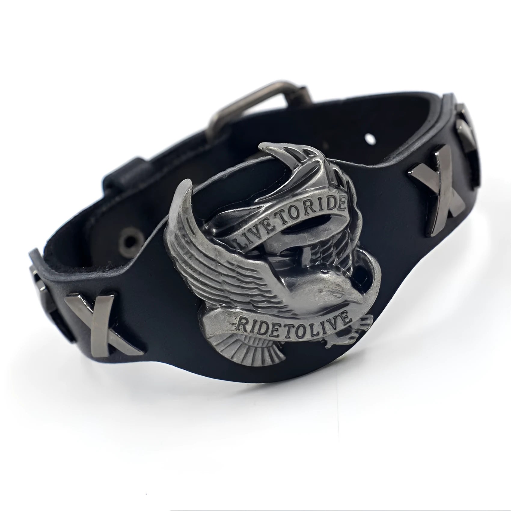 Black leather watch bracelet with geometric shape and a silver alloy eagle clasp.
