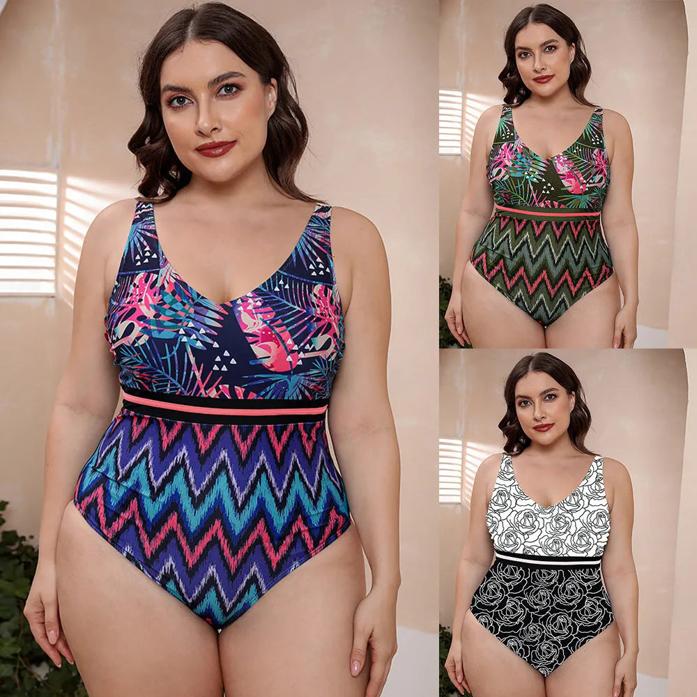 Women's printed one-piece swimsuit with spaghetti straps and a striped vest design.