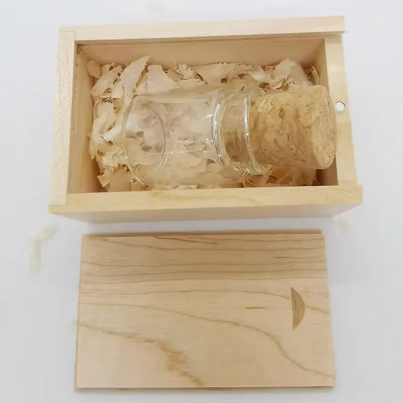 Wooden wish bottle USB flash drive with transparent window showing internal components