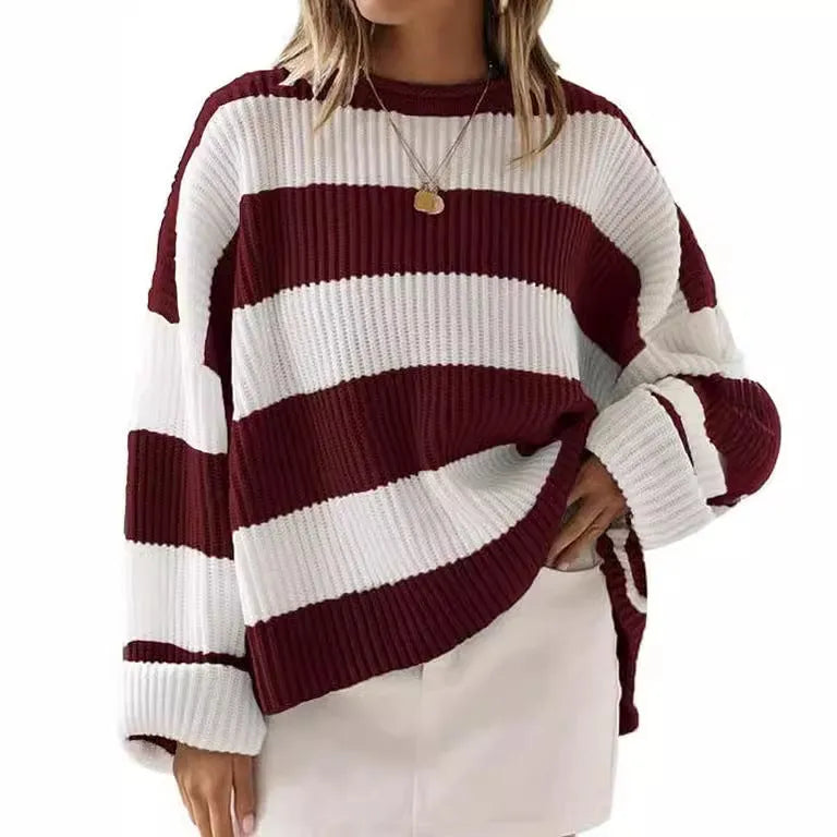 Women's bell sleeve loose striped knit sweater pullover in viscose fibre with crocheted flower detail