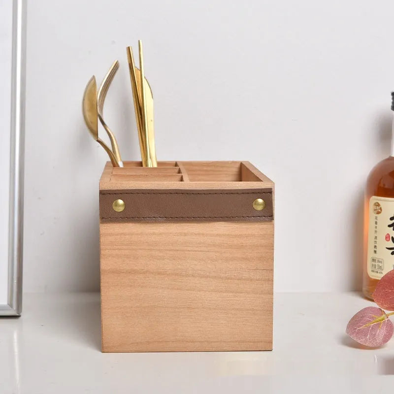 Solid colour wooden kitchen storage box for knives forks chopsticks with internal grid divider