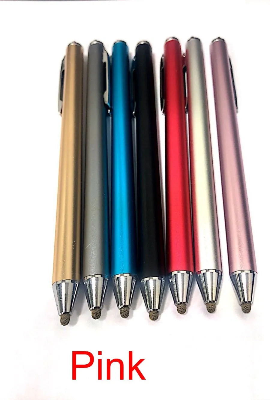 Fine tip metal stylus pen for touch screen tablets and smartphones in assorted colours.