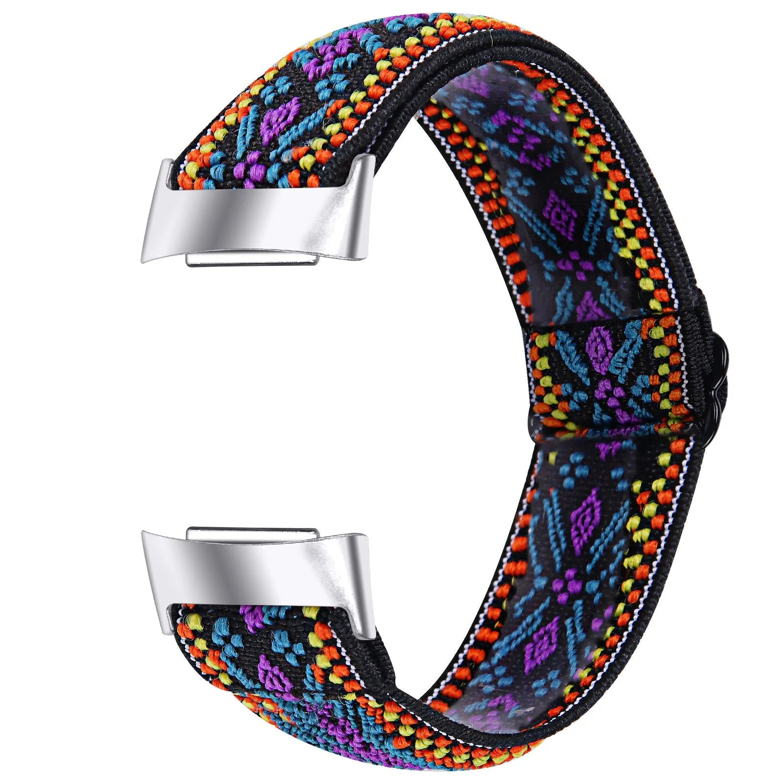 Printed elastic replacement watch strap for Fitbit Charge 6 in assorted colours on a white background