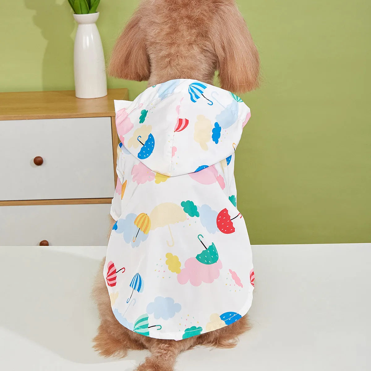 Colourful cartoon umbrella pattern dog or cat raincoat in polyester.