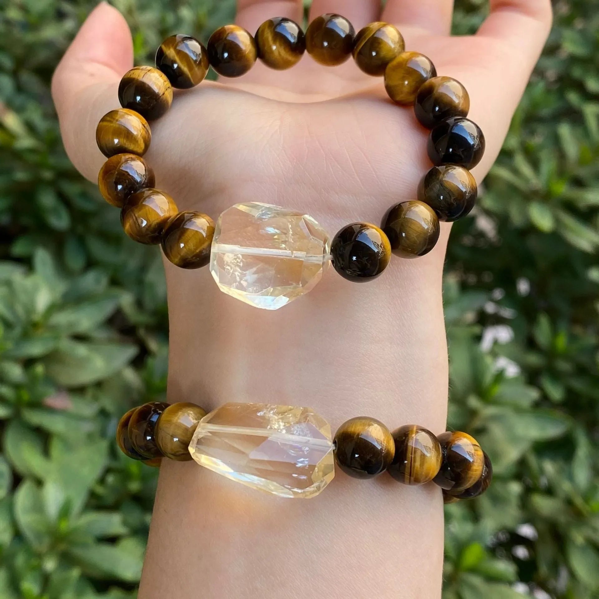 Handmade crystal bracelet with diamond gourd, topaz stones, and electroplated finish showing 8mm and 10mm components