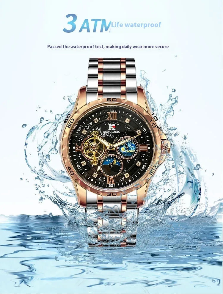 Men's automatic mechanical watch with rose gold case, black dial, and large display.