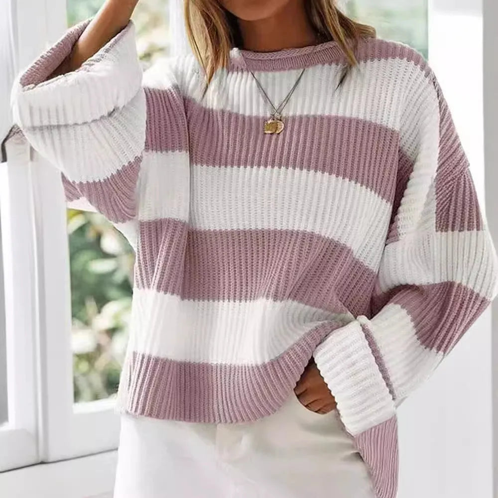 Women's bell sleeve loose striped knit sweater pullover in viscose fibre with crocheted flower detail