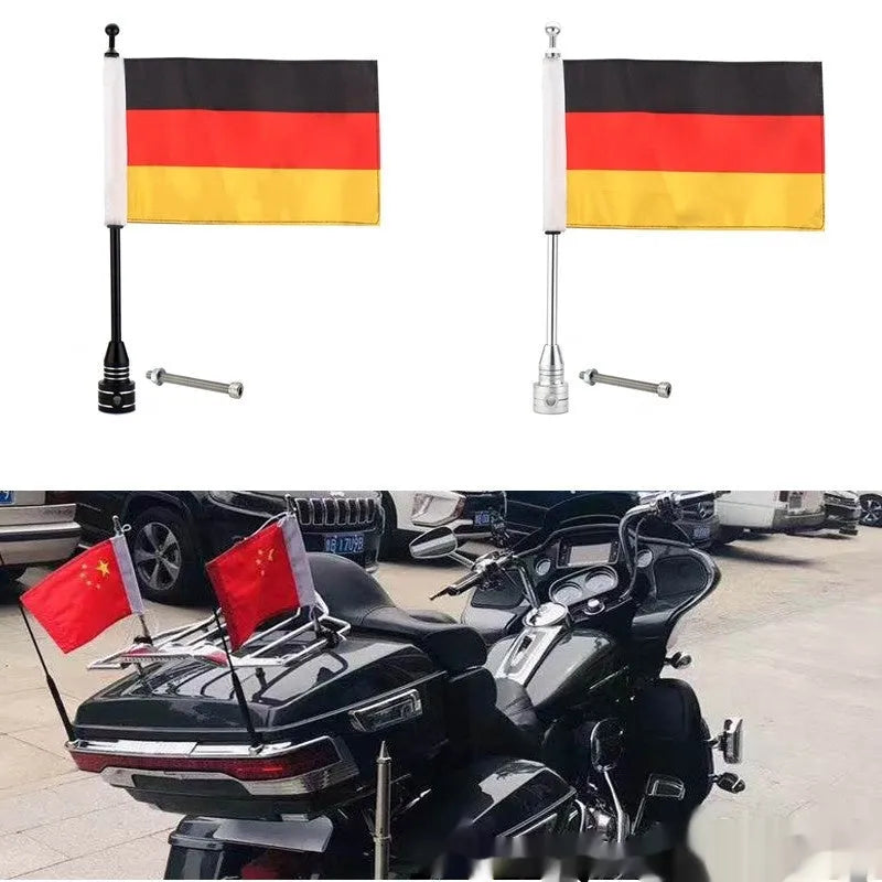 Side box bumper flagpole for motorbike luggage racks in black aluminium and silver steel options