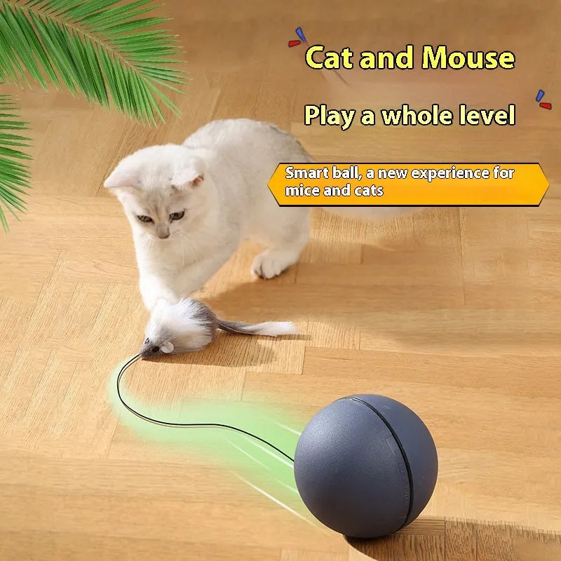 Blue orange automatic cat teasing ball with plush mouse attachment rolling on floor