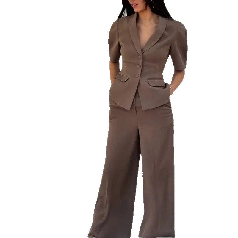 Brown men's slim fit suit with long sleeve top and trousers on a hanger.