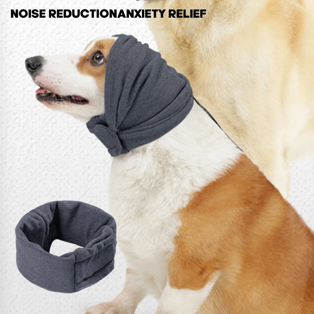 Dog wearing black calming hoodie covering ears with multi-purpose design for noise reduction and hair management