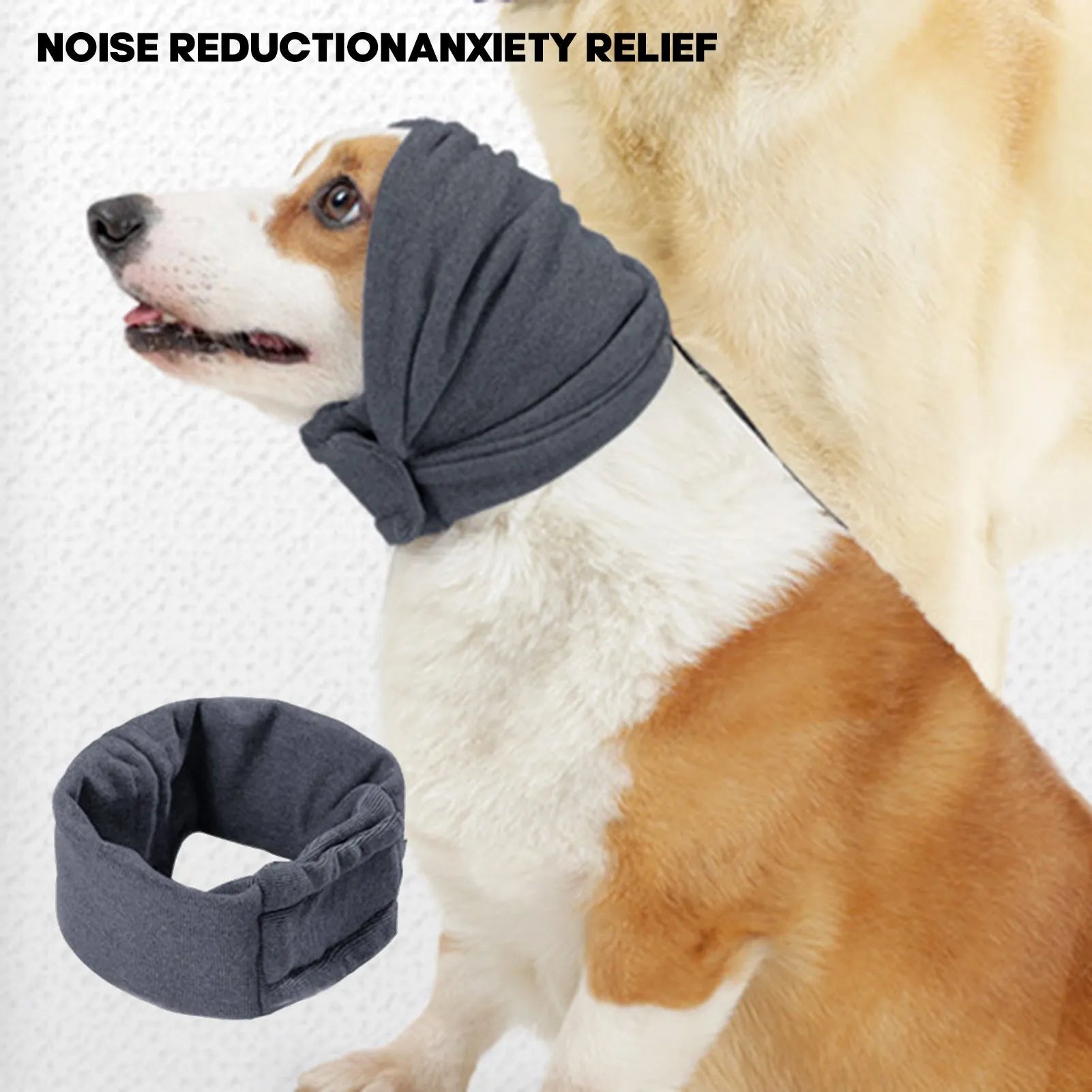 Dog wearing black calming hoodie covering ears with multi-purpose design for noise reduction and hair management