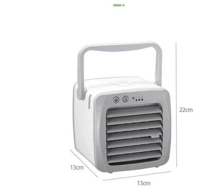 White mini mobile air conditioner fan, USB powered, 160 x 170 x 160mm, with water tank and ice curtain
