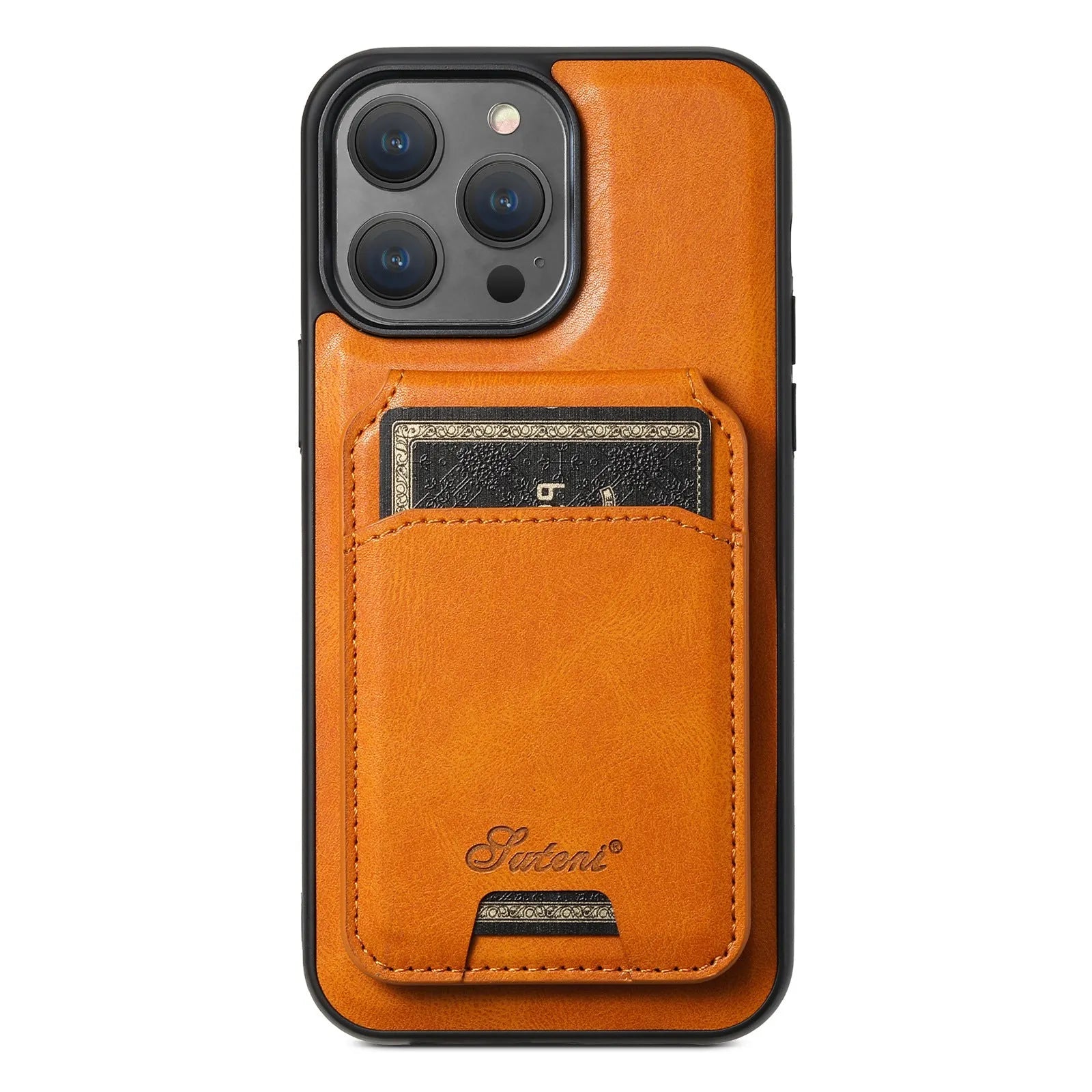 Black magnetic card holder phone case for iPhone with bracket stand, PU TPU handmade finish