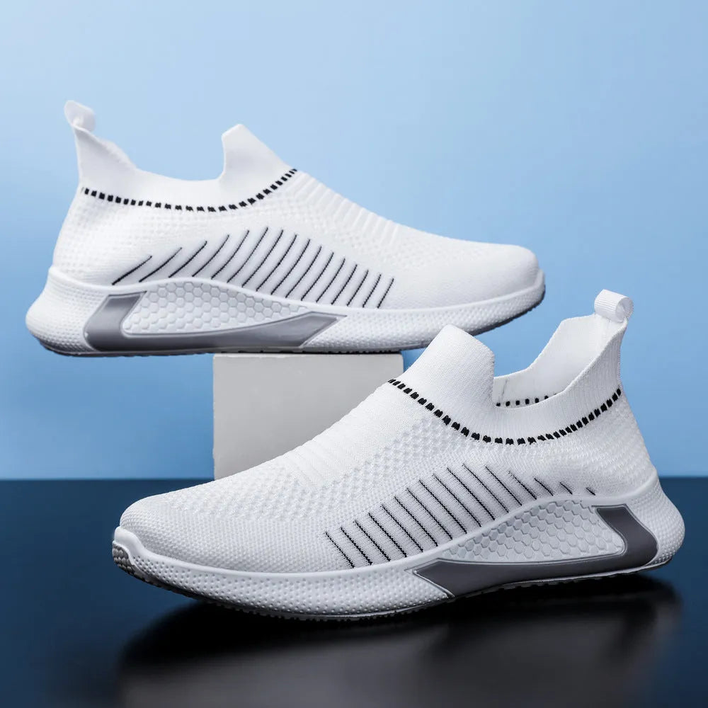 Men's striped mesh sock shoes with Flyknit upper and lace-up closure in black, white and black-white options